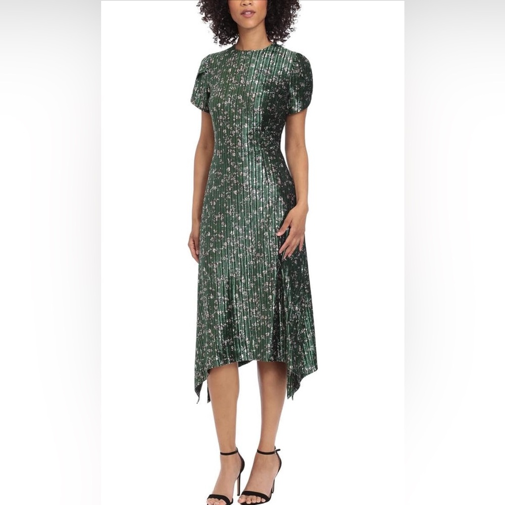 Maggy London Women's Tulip Sleeve Shark Bite Hem Midi Dress size 8